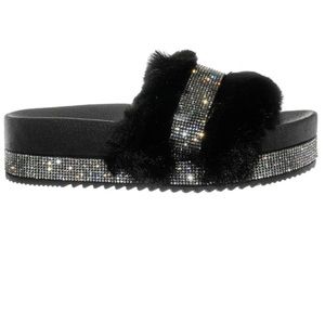 NWT! Top Moda Rhinestone Black Faux Fur Bling Platform Slides